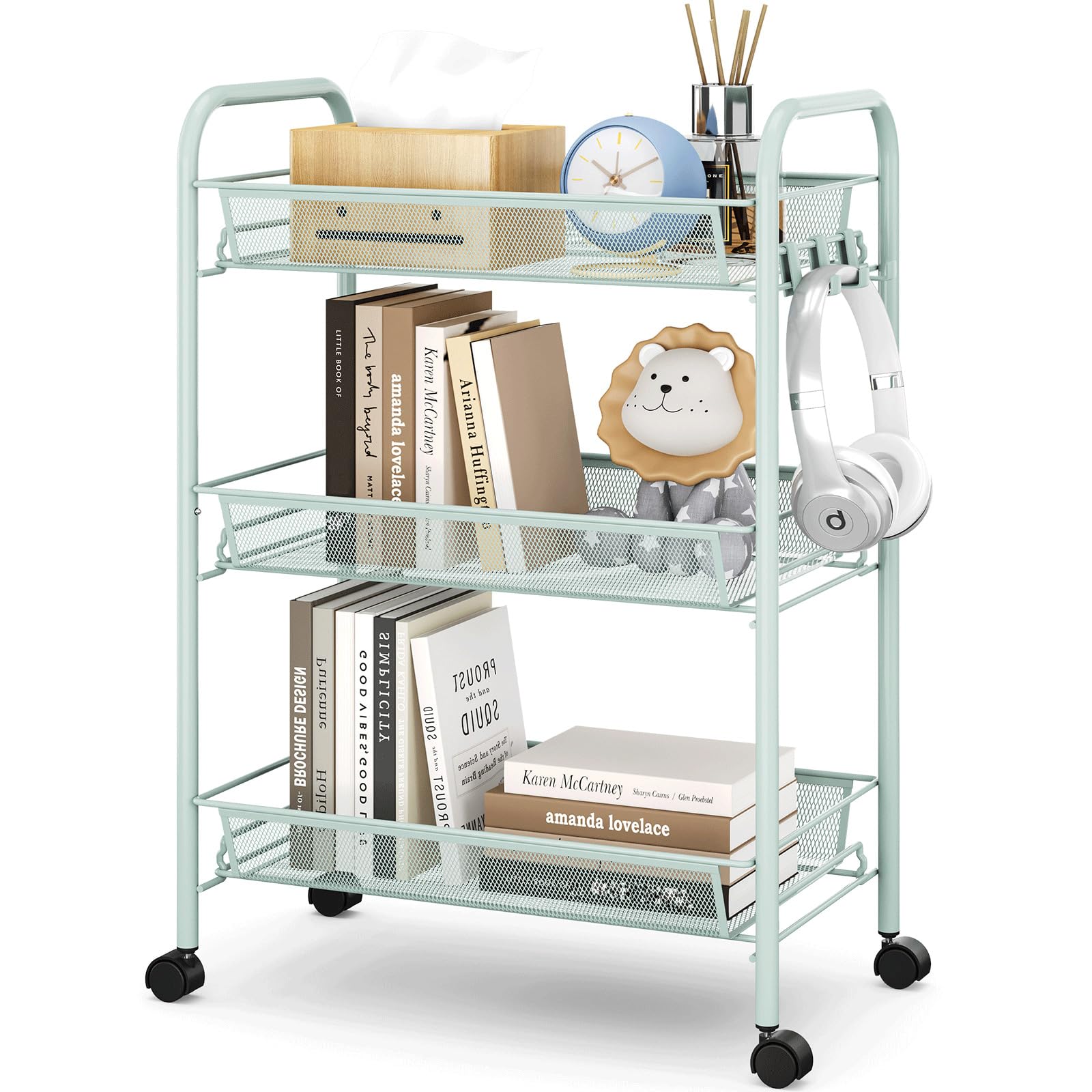 Urackify Carrello multifunzione portatile da cucina a 3 ripiani, per bagno, cucina e lavanderia. Metallo antiruggine, cestino a rete traspirante e gancio laterale inclusi. Facile da montare,verde
