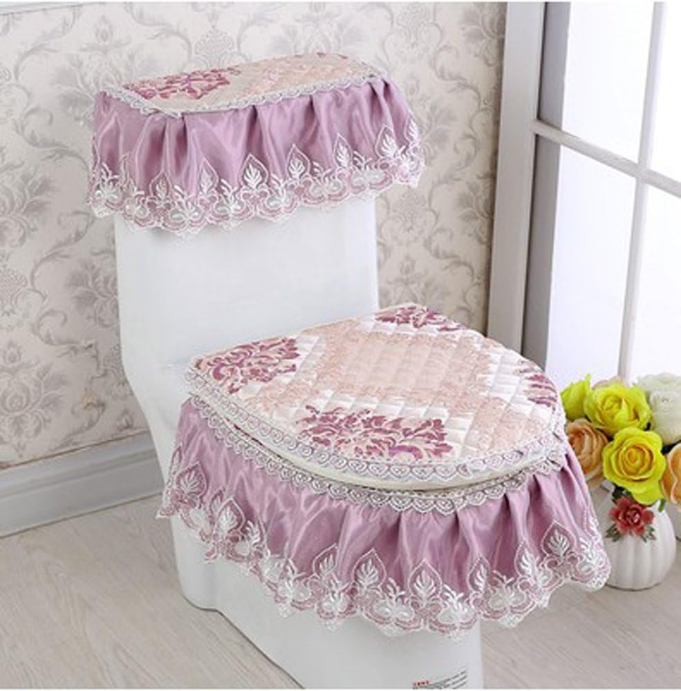 WSHINE 3PCS Pleuche Embroidery Lace Toilet Mat Toilet Seat Cover/Lid Cover/Tank Cover Set (13) : Home & Kitchen