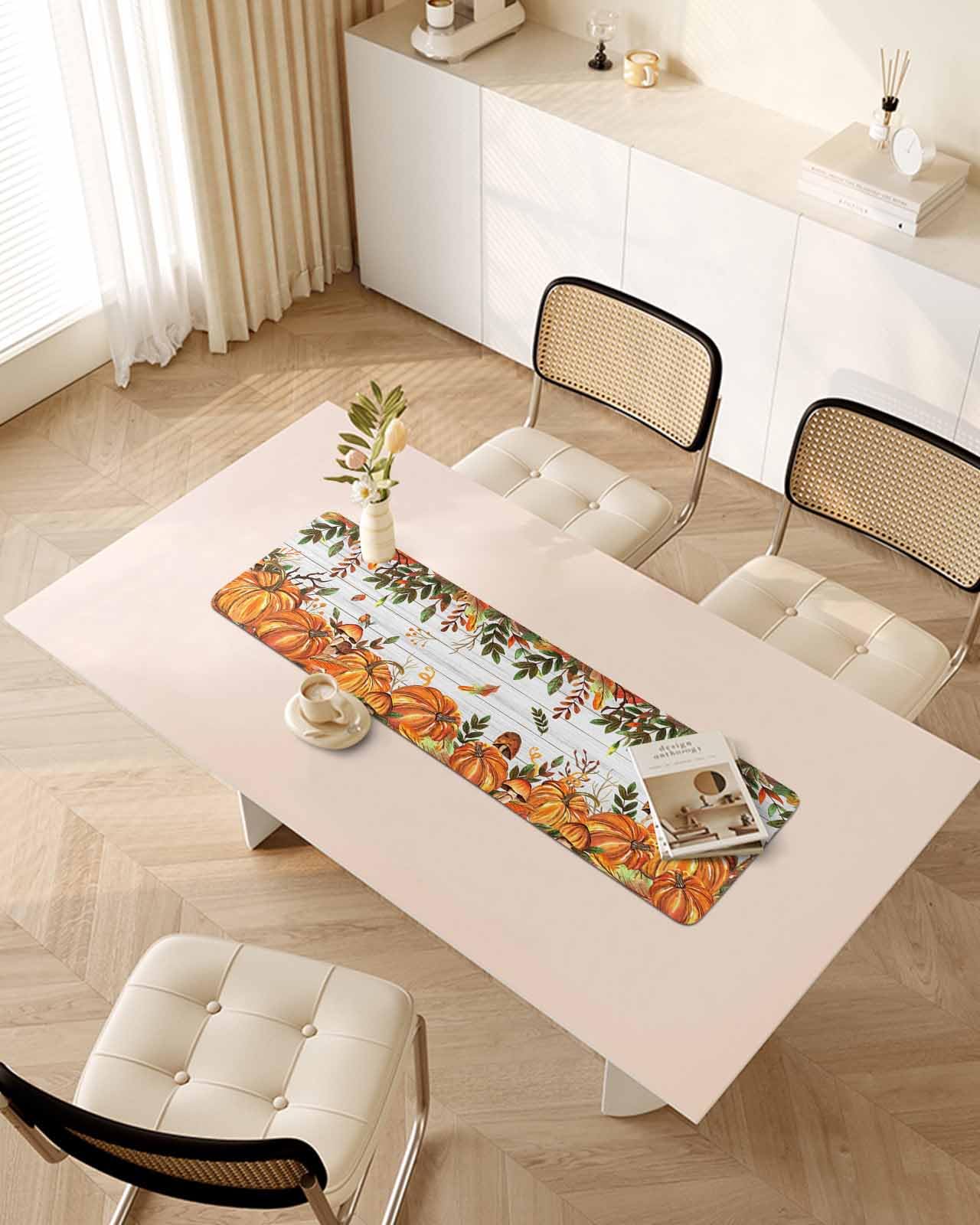 Debedcor Heat Proof Table Pads Waterproof Decorative, Fall Pumpkins Non-Slip Table Countertop Protector, Autumn Eucalyptus Leaves White Wooden Insulation Mat for Dining Room, 48 x 12 Inches