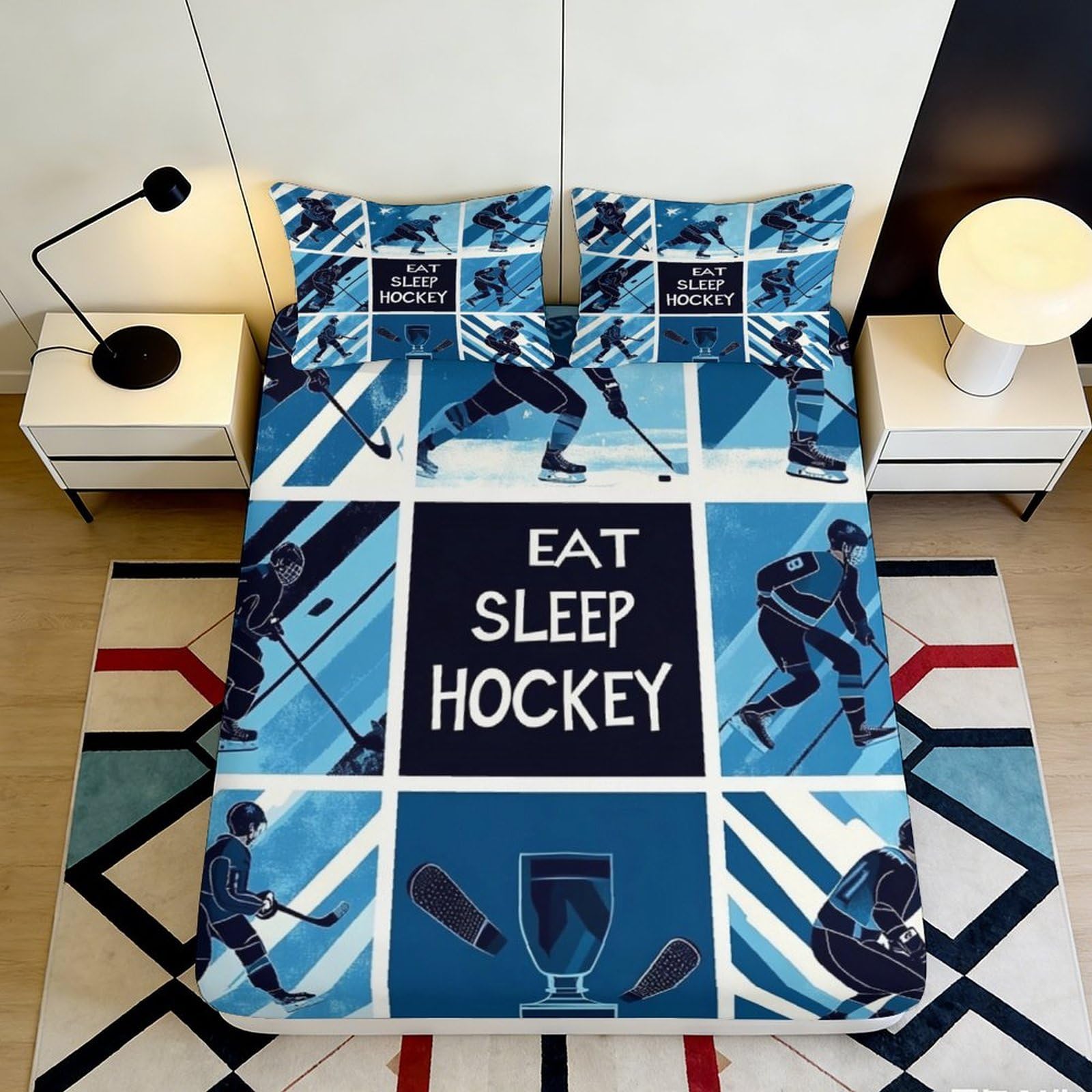 3D Printed Eat Sleep Hockey Fitted Sheet Microfiber Deep Blue Bed Cover for Adults Teens Bedroom Dorm Decor Easy Care 90x200x25cm