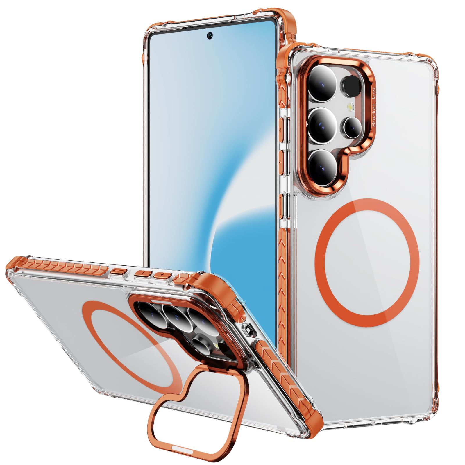 Phone Case for Samsung Galaxy S25 Ultra Compatible with MagSafe Clear Magnetic with Camera Ring Stand Slim Cover, Heavy Duty Rugged Non-Yellowing Transparent Shell for Women Men (Orange)