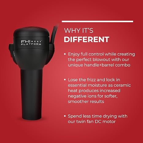 FHI Heat Platform Blow Out Handle-Less Negative Ion Hair Dryer Lightweight Blow Dryer w/ HydraHeat for Frizz-Free Styles Hairdryer with Diffuser Attachment, Nozzle, Comb Handleless Hair Dryer
