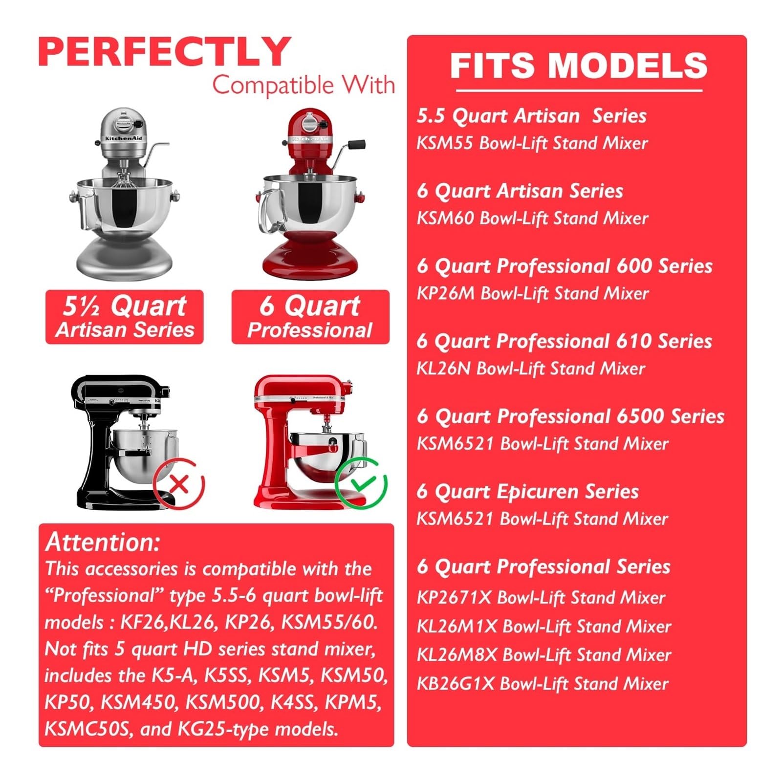 Akcesoria ze stali nierdzewnej kompatybilne z KitchenAid Mikser stojący z podnośnikiem o pojemności 5–6 Qt Zawiera 6-drutową trzepaczkę, ubijak i hak do wyrabiania ciasta FKompatybilny z KSM55/60(6qt