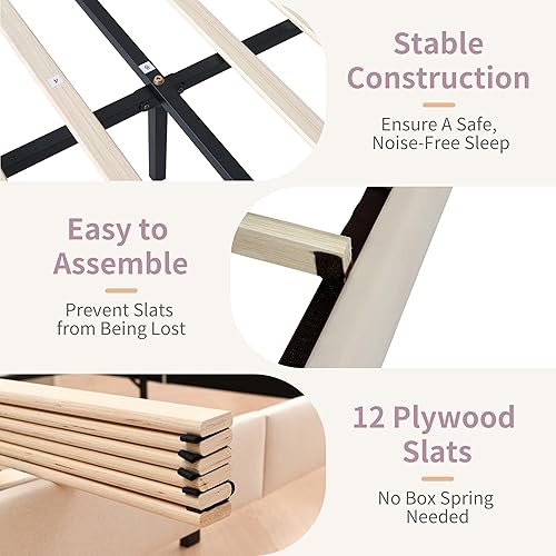 Miniatura 7 de QNZK Base de cama tapizada con cabecero y listones de madera fuertes, no necesita somier, pie de madera silencioso fácil de montar (crema, Queen)