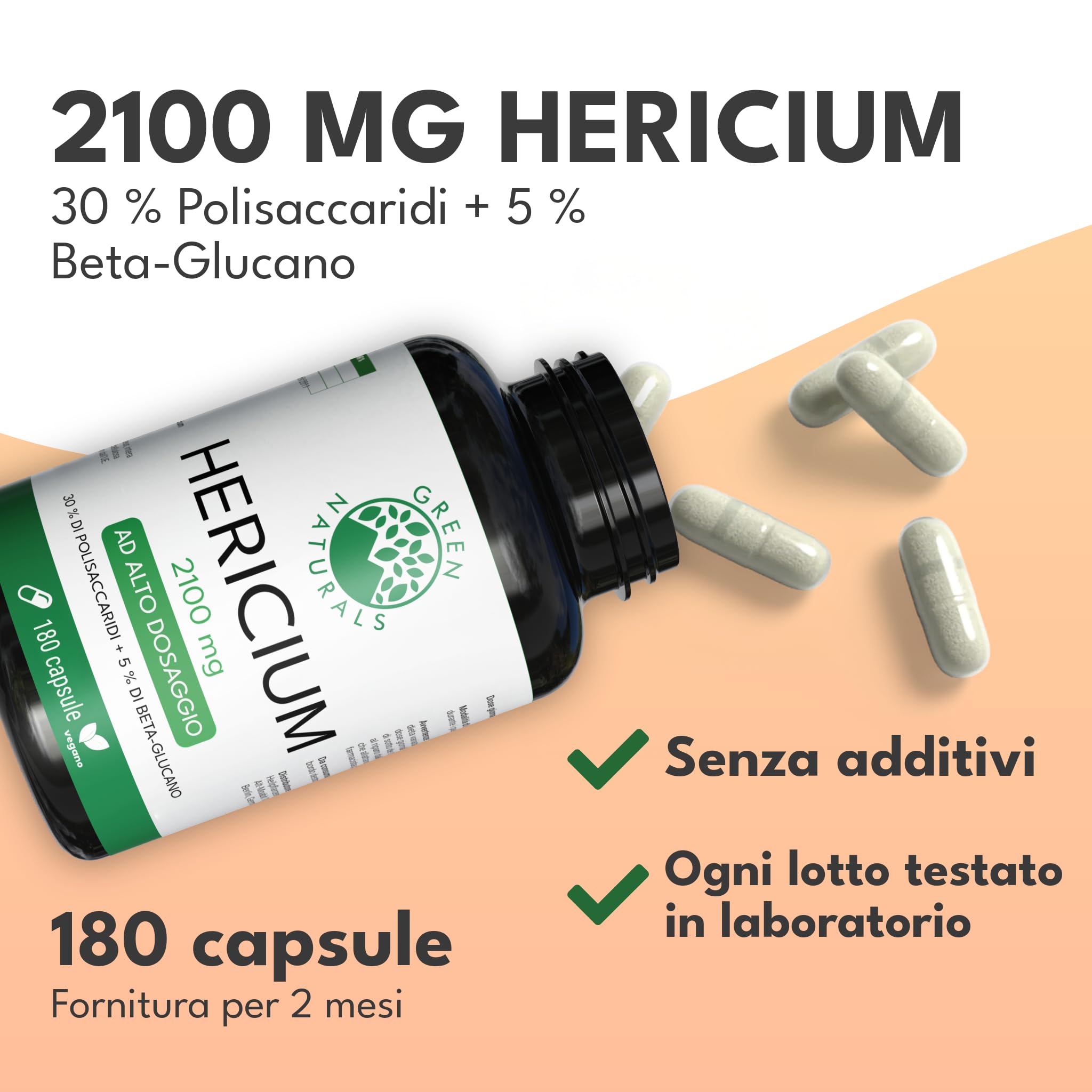 Green Naturals® Lion's Mane – 2100 mg di estratto di Hericium Erinaceus/giorno – 30% polisaccaridi + 5% beta-glucano – Criniera di Leone, vegano & senza additivi – Produzione tedesca – 180 capsule