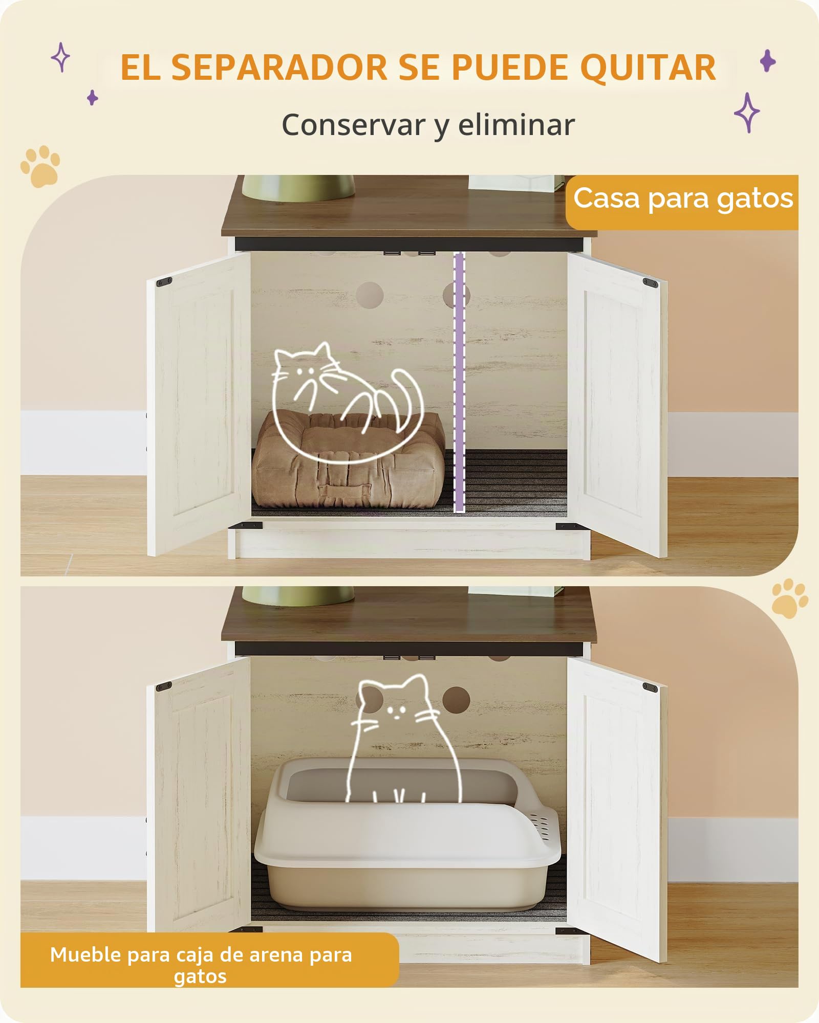 Hzuaneri Mueble Arenero, Armario para Gatos con Separador Extraíble, Moderno Arenero Oculto, Casa para Gato, Casa de Baño para Mascota, 50 x 60 x 54 cm, Blanco Marrón CB84514X