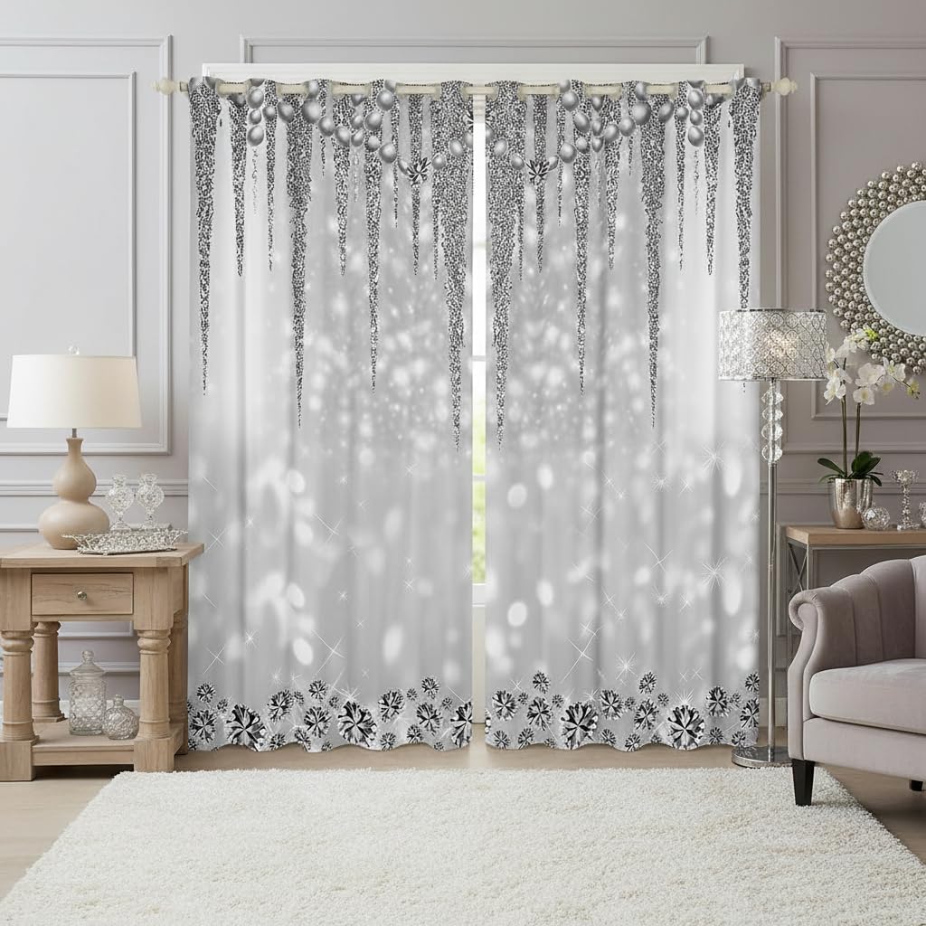Grey Glitter Window Curtain Diamond Pearls Silver Curtains for Kids Teens Girls Men Room Decor Luxury Sparkling Jewelry Blackout Window Treatment Starlight Galaxy Window Drapes,Top 2 Panel,52Wx63L