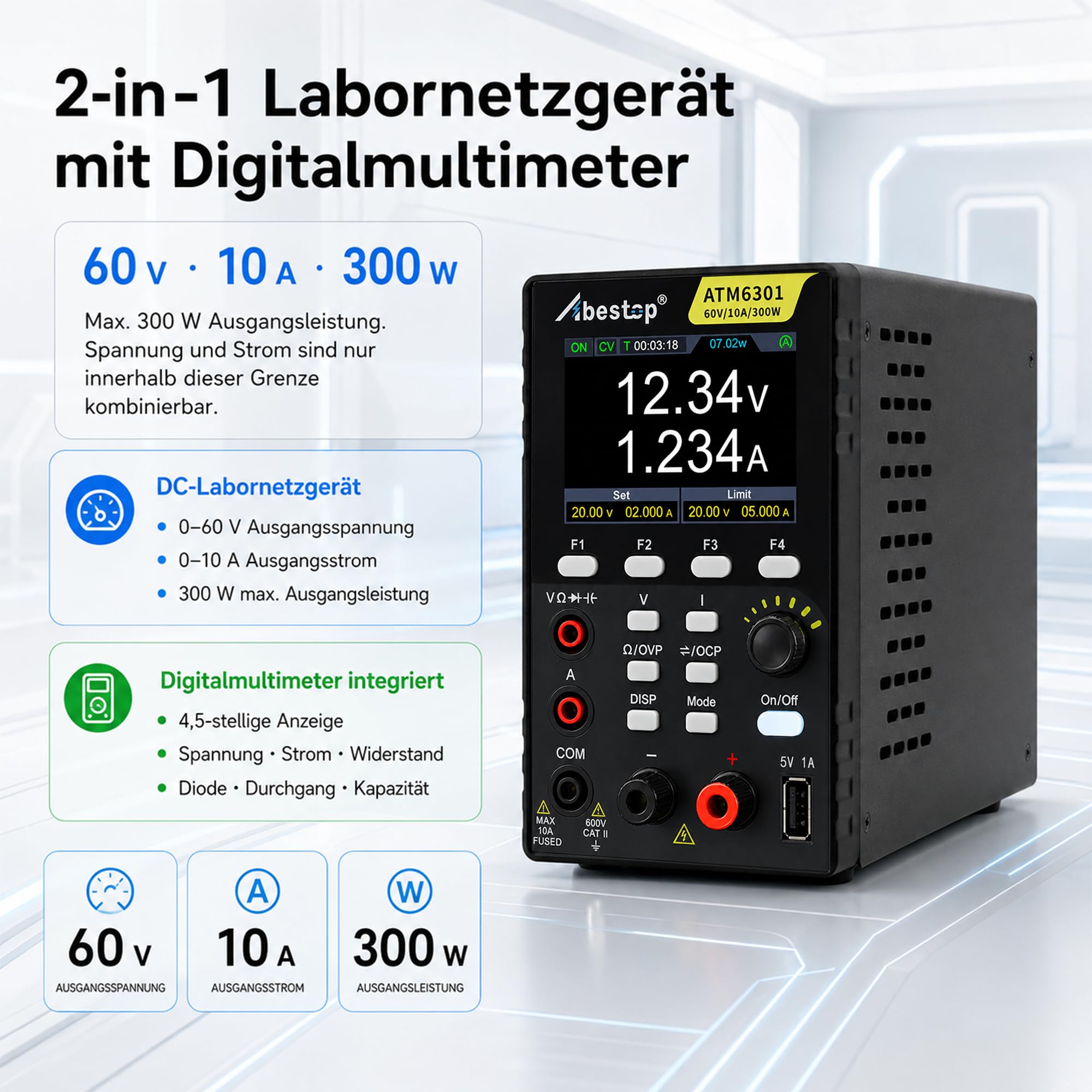ATM6301 Fonctions 2 en 1 Alimentation CC + Multimètre 0-60V/0-10A/300W Plusieurs Fonctions de Protection avec 2,8 Pouces LCD Charge USB