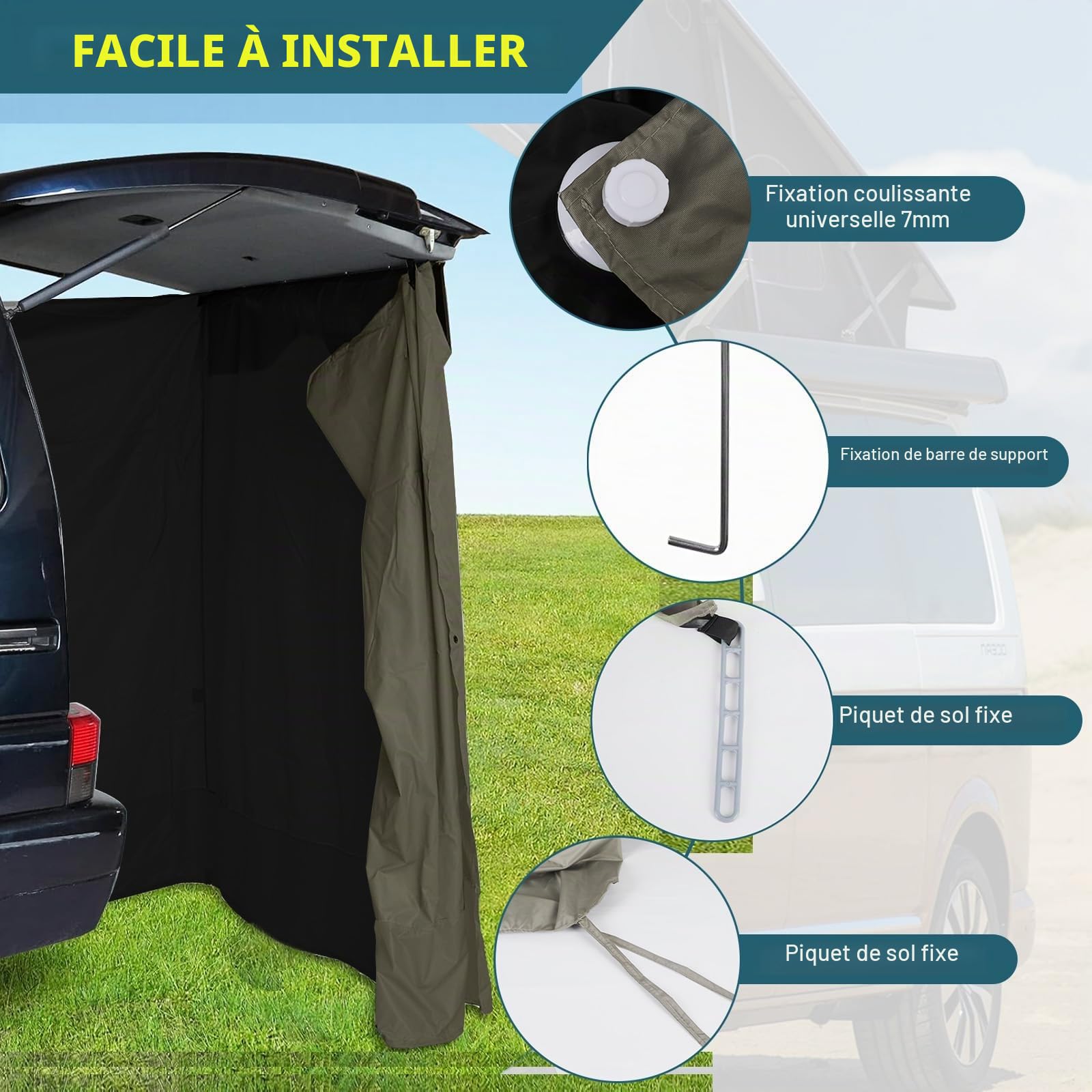 Tente de Hayon Pop Up pour VW T4 T5 T6, 400D Tente Arrière Instantanée avec Boucles, Sangles Réglables et Piquets de Sol, Idéale pour Le Camping, la Pêche et Les Festivals en Plein Air