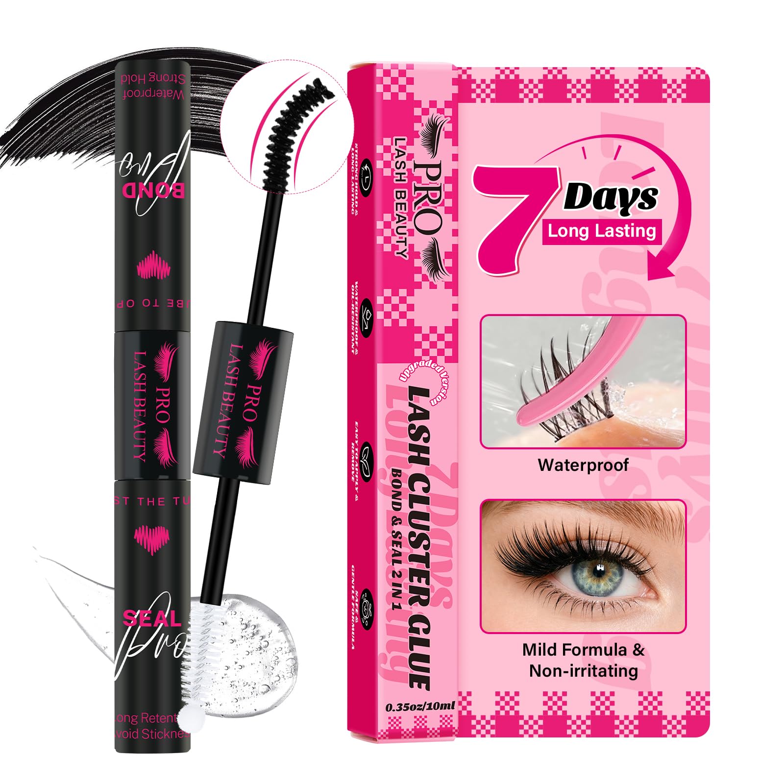 PROLASHBEAUTY Long-Lasting 72H for Lash Cluster 5ml+5ml(10ml, Black Bond & Black Seal)