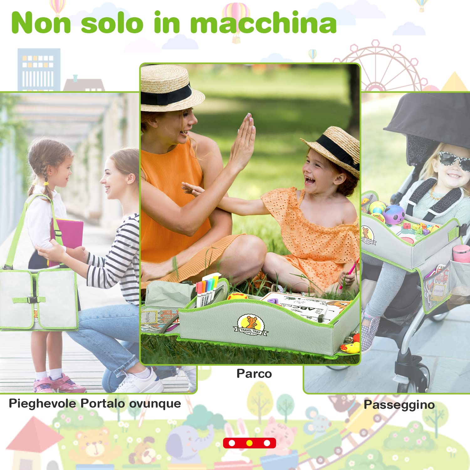 lenbest vassoio da viaggio, 1 penna per lavagna e tavola da disegno riutilizzabile per animali su entrambi i lati - vassoio per attività di gioco e snack per bambini - auto/passeggino/aereo (verde)