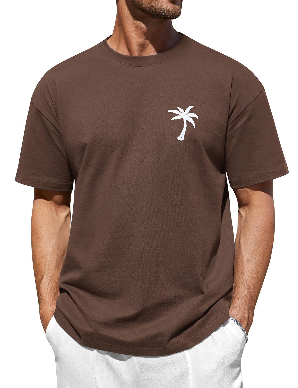 Svanco Herren Sommer Oversize T-Shirt, Baumwolle Locker Kurzarm Shirt, Palm Gemustert Casual Top mit Rundhal