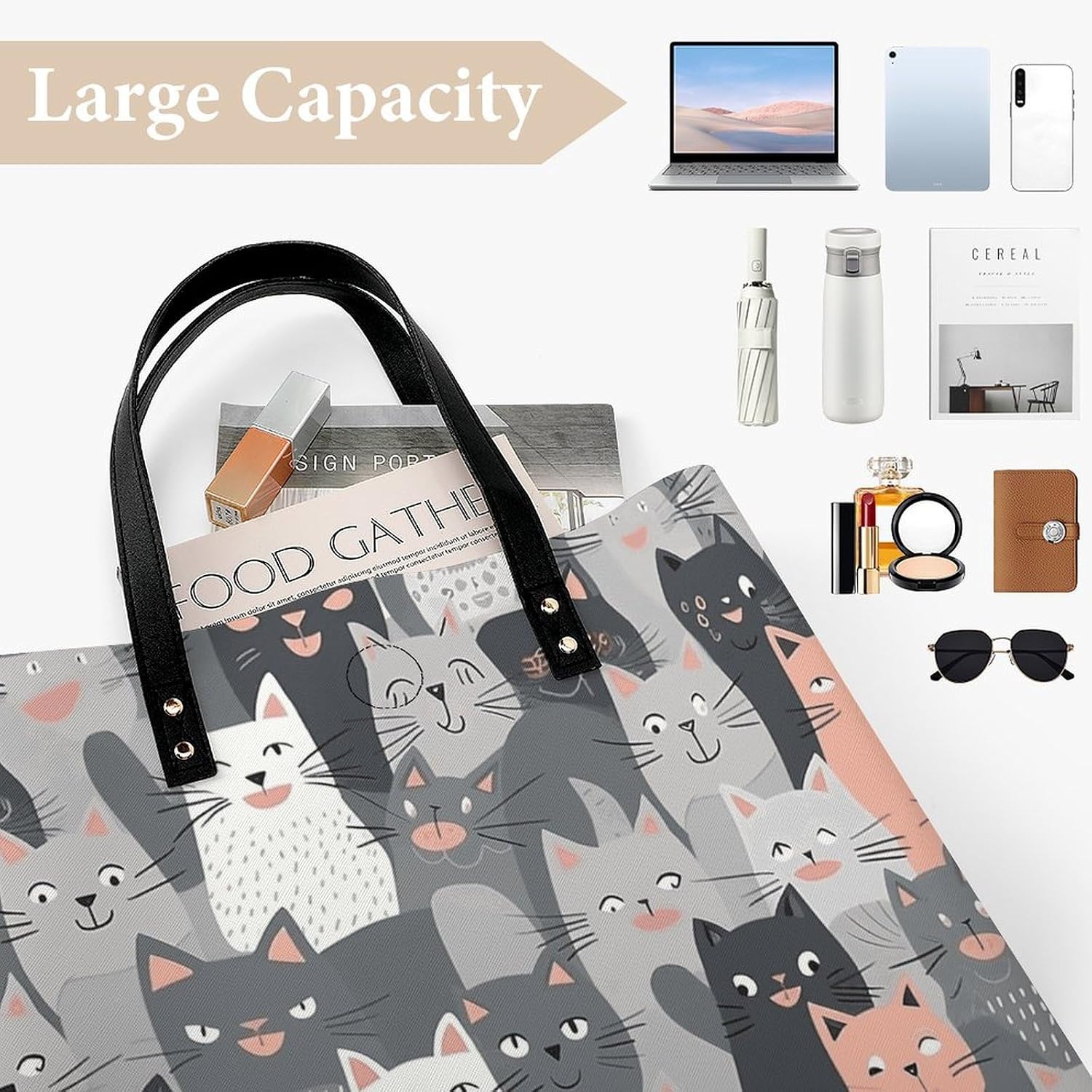 Cute Funny Grey Cats Pattern Handbags Large Capacity, Tote Bag Stylish Slouchy, Shoulder Bags for Work Beach Travel And Shopping Grocery.