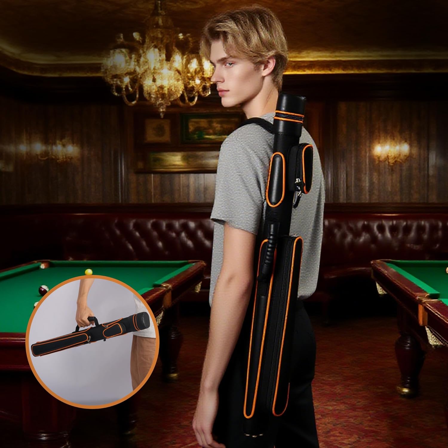 Yautja Pool Cue Case, Hard Pool Stick Case 1x1, Holds 1 Complete of 2-Piece Cue, with 2 Zipper Pockets, Soft Shoulder Strap Handle, Waterproof Microfiber Leather Billiard Stick Bag for Man Women