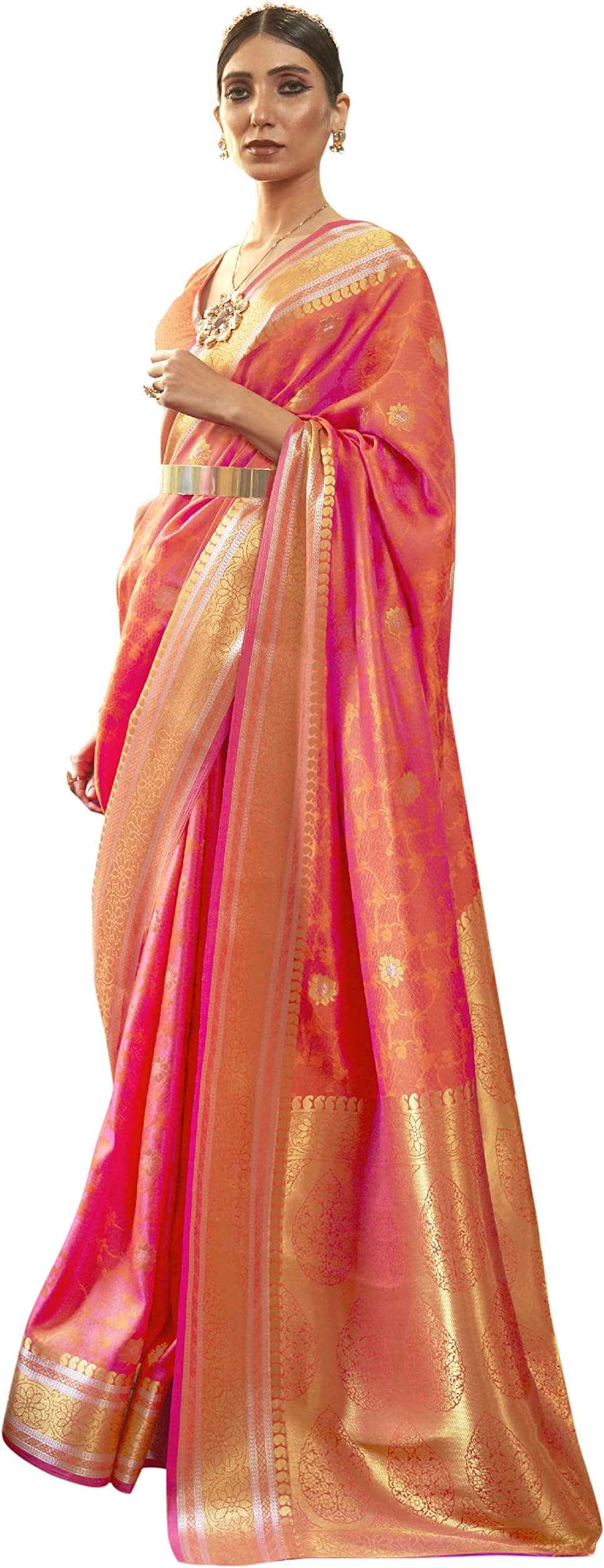 AKHILAMWomen's Silk Blend Bandhani Print Kanjivaram Saree Saree With Unstitched Blouse Piece