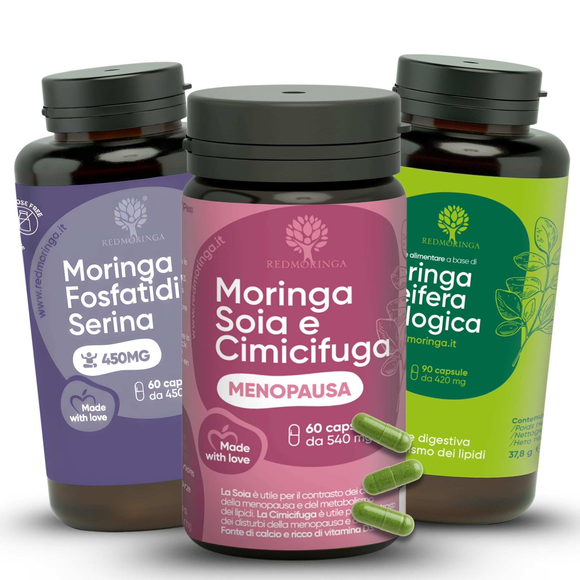 Trio Menopausa – Integratori per Cortisolo, Vampate di Calore e Pancia da Stress - con Moringa Bio + Fosfatidilserina + Cimicifuga | Metabolismo, Umore e Sonno | Made in Italy – RedMoringa 210 Capsule