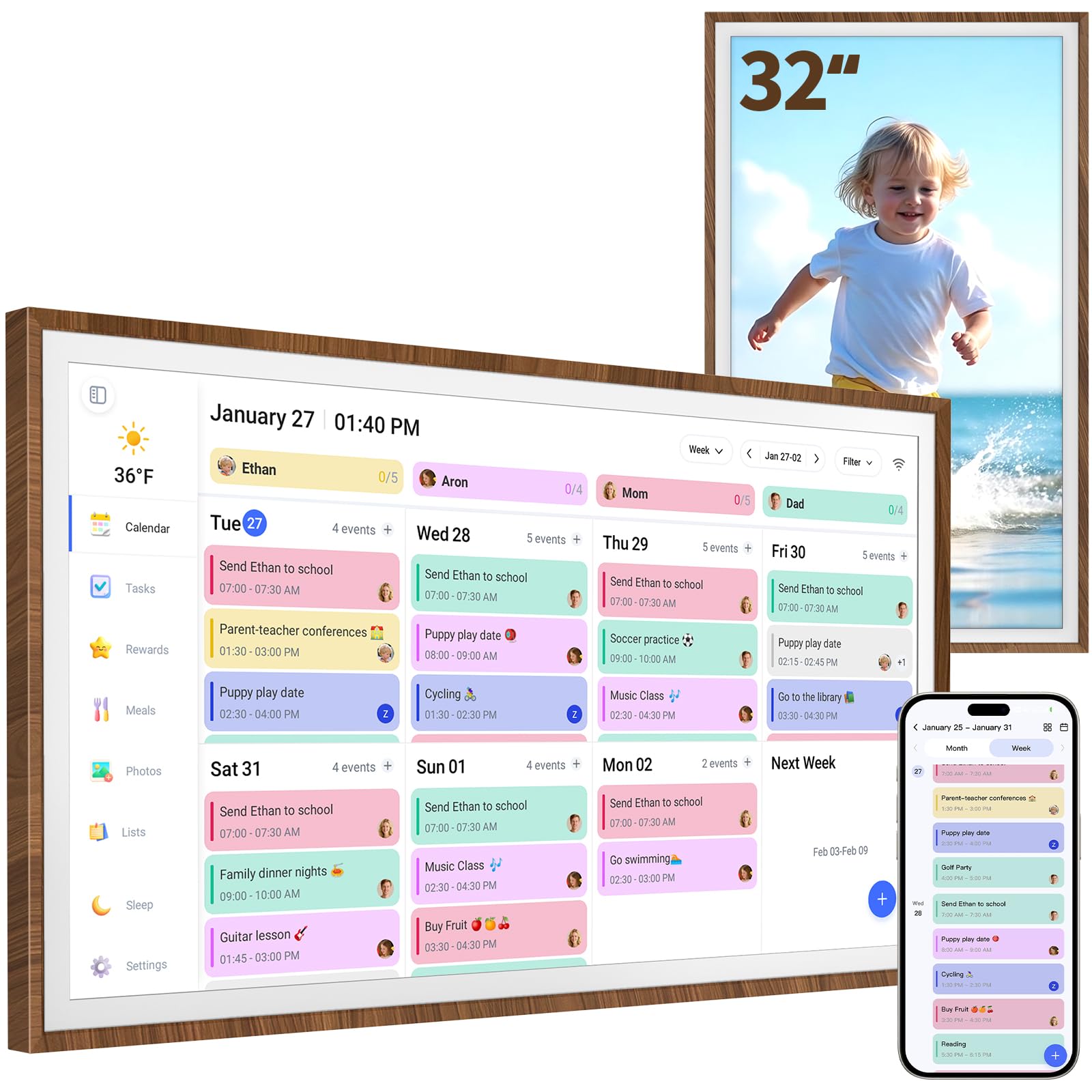 32 Inch Digital Calendar Chore Chart with Touchscreen - Full HD Interactive Display, Wall &amp; Desk Mountable Family Planner, to-Do List &amp; Meal Planner, Digital Picture Frame Gifts for Women Mom