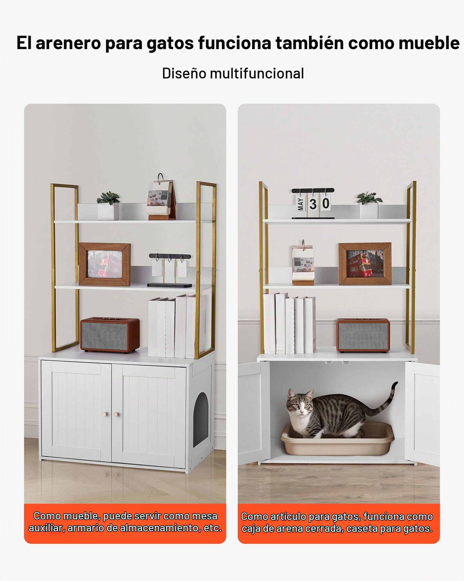 VEVOR Arenero para Gatos, 700 x 450 x 1245 mm, con Patas de Metal y Estantes de Almacenamiento de 2 Niveles, Caseta para Gatos, Compatible con la Mayoría de Areneros, Ideal para el Salón, Blanco