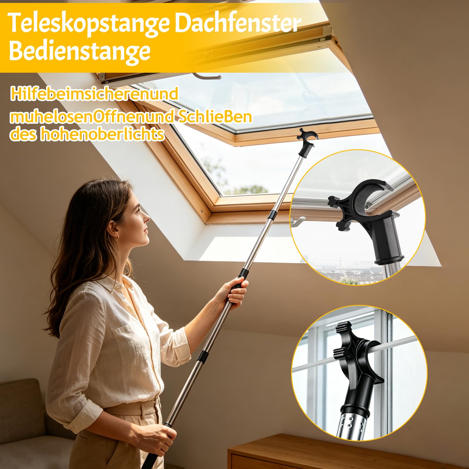 Canne Télescopique Fenêtre de Toit 1,86 m, Perche de Commande avec Crochet pour Ouvrir et Fermer les Fenêtres de Toit et Stores, Compatible VELUX GGL GGU GPL GHL