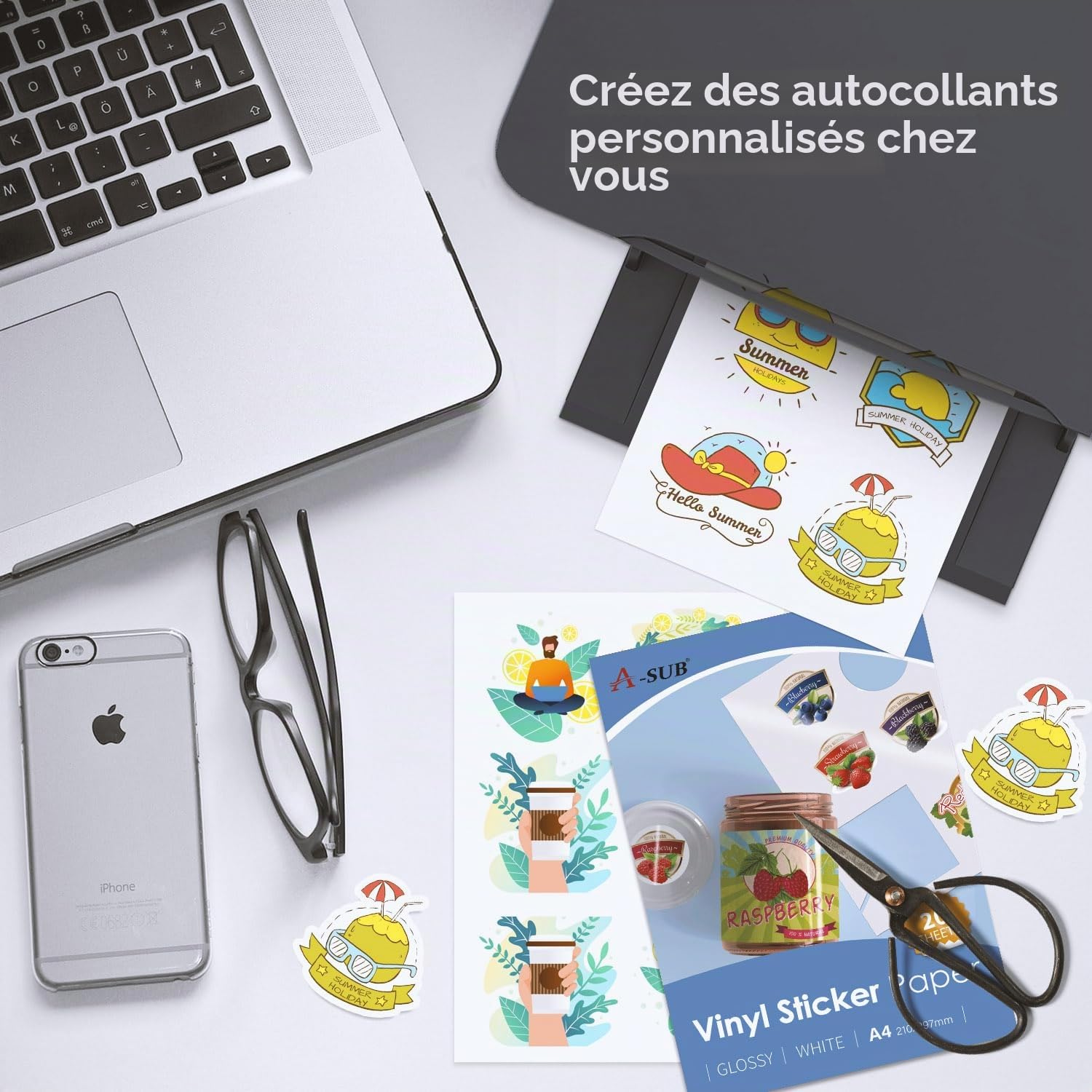 A-SUB Papier autocollant en vinyle imprimable imperméable de qualité supérieure blanc brillant, étiquettes autocollantes en vinyle pour imprimantes à jet d'encre, format A4, 100 feuilles