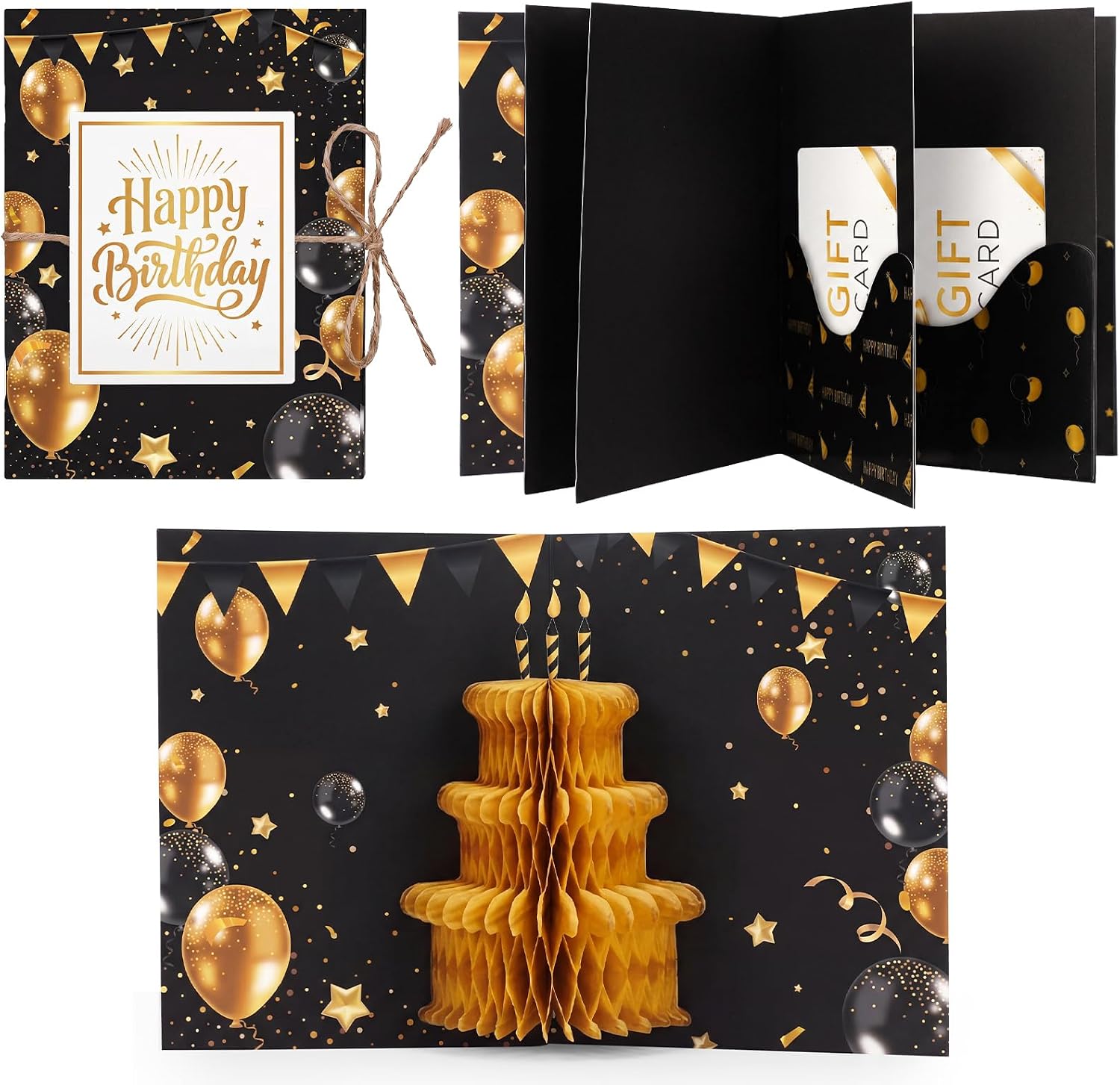 Happy Birthday Gift Card Book, Black and Gold Balloons, 5.5 Inch, 5 Slots