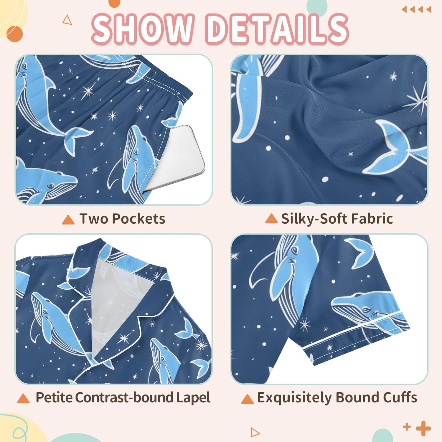 Kids Satin Wear Set Whales and Stars on Navy Pattern Relaxed Fit Clothing Short Sleeve and Shorts