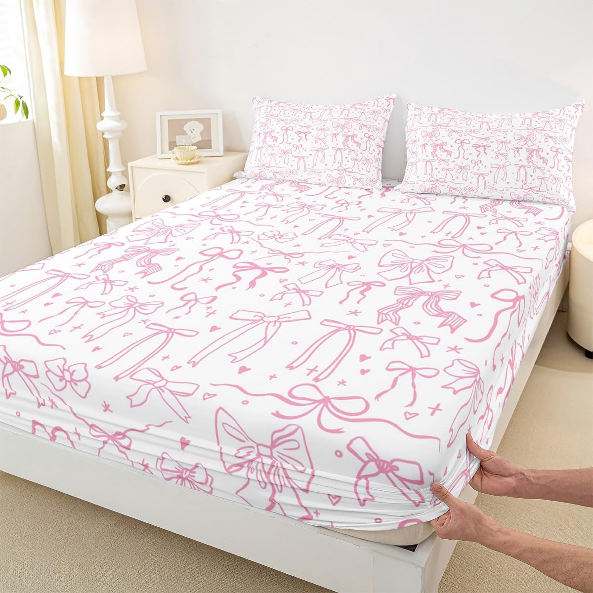 Pink Bowknot Kids Girls Fitted Sheet Queen Size,Cartoon Hand Drawn Stars Love Bow Bed Sheet,Sweet Princess Style Bedding Set for Teens Woman Room