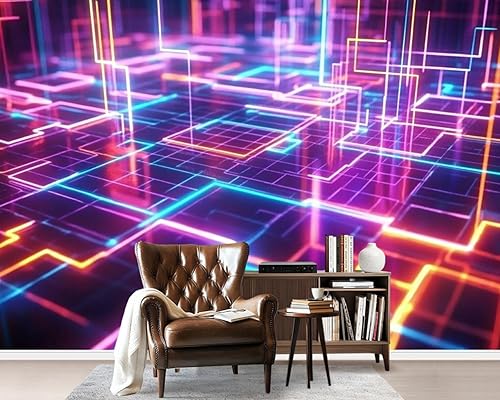 Miniatura 8 de Murales de pared de lienzo geométricos autoadhesivos de los años 80 de neón retro Synthwave 3D, líneas brillantes, papel tapiz de pared para