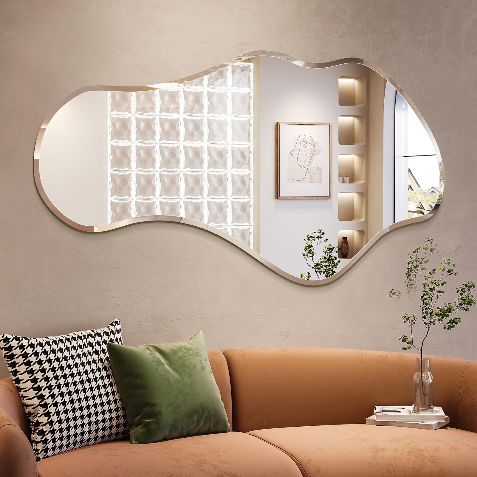 irregular wall mirror, 26”x48” asymmetrical wall mirror, frameless asymmetrical mirrors for bathroom entry way bedroom living room