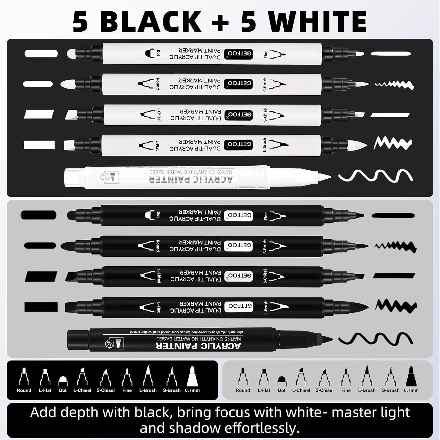 Black & White Acrylic Paint Pens, Dual Tip, 0.7 mm Fine Tip 10 Pack image 3
