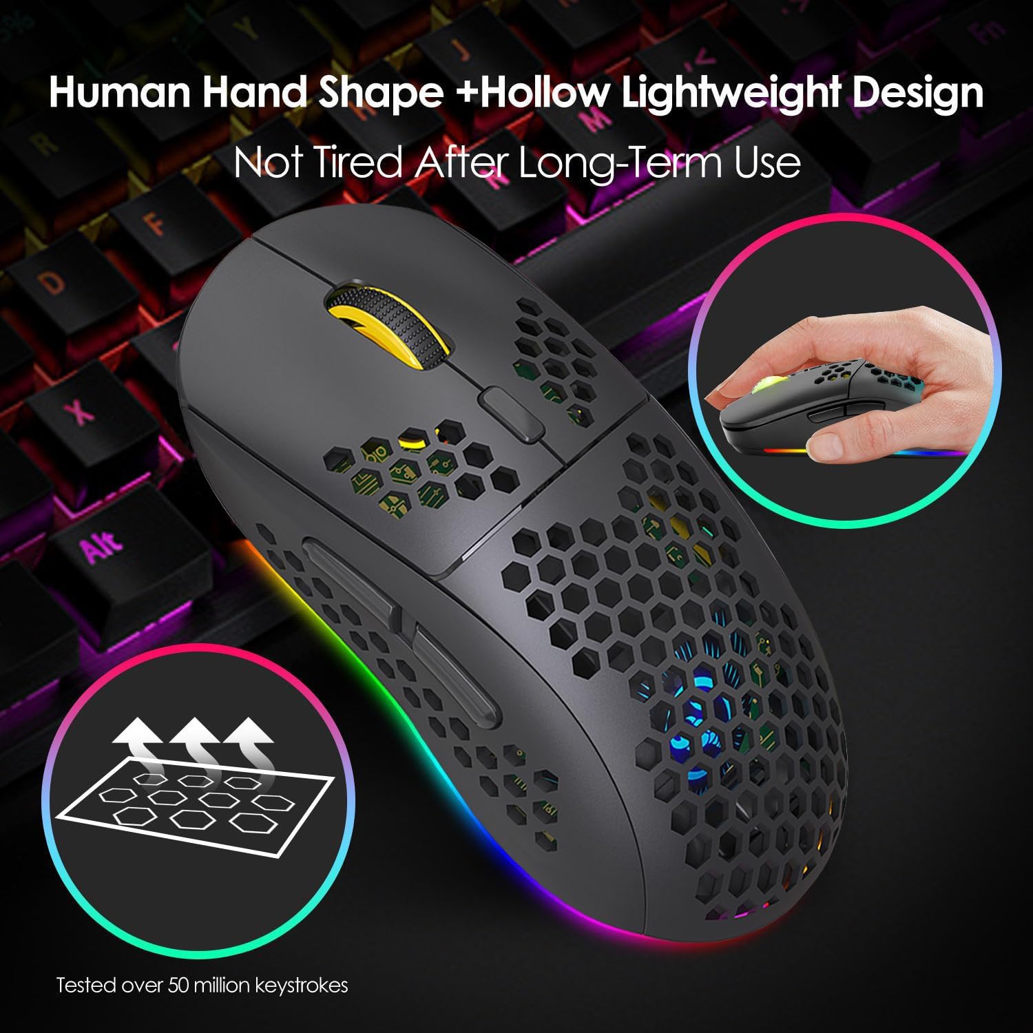 Maxspace Wireless Gaming Mouse Bluetooth with Honeycomb Shell,Tri-Modes Mouse with Side Buttons,Lightweight RGB Wireless Mouse for PC/Tablet/Desktop/Office/Games, Black