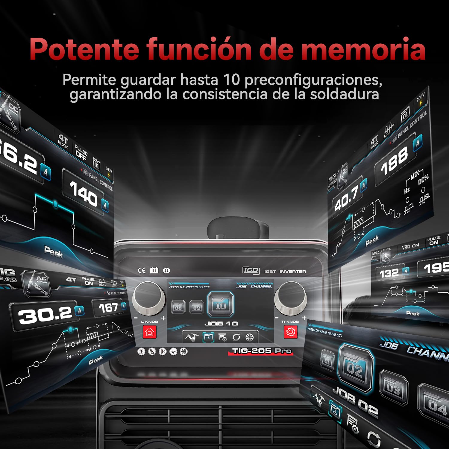 ANDELI 10 en 1 Soldador TIG de Aluminio AC/DC, Pedal de Pie, 205A, LCD, Ondas de Pulso/Cuadrada/Seno/Trapesoidal, Soldadura Fría/Punto, 230V, TIG-205 PRO