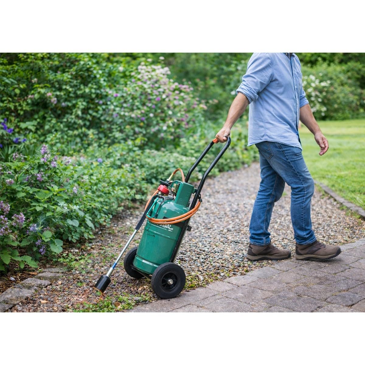PROWELTEK - Désherbeur Thermique Professionnel à Gaz Propane – Kit Complet Haute Performance pour Grands Jardins. Inclus : Brûleur 50mm, Tuyau 5m Pro, Chariot à Roues. Chaleur Puissante.