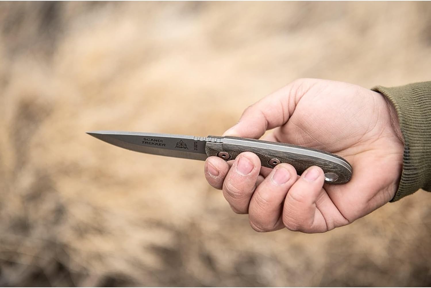 Tops Knives Scandi Trekker Full Tang Fixed Blade- Tumble Finish- Black Leather Sheath w/Belt Loop (Green Canvas Micarta Handle)