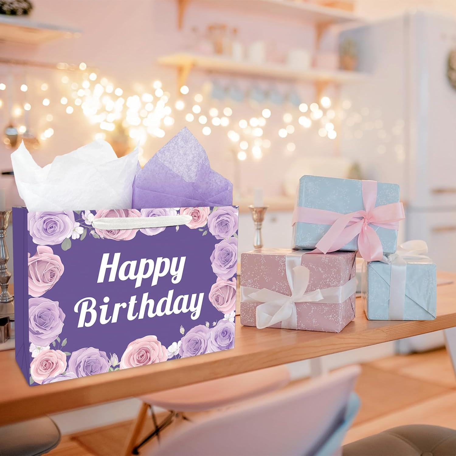 ZHIAXTON 13.8" Large Happy Birthday Gift Bag with Tissue Paper and Card,Rose Purple Gift Bags Set for Girl Women Birthday Party - Image 3