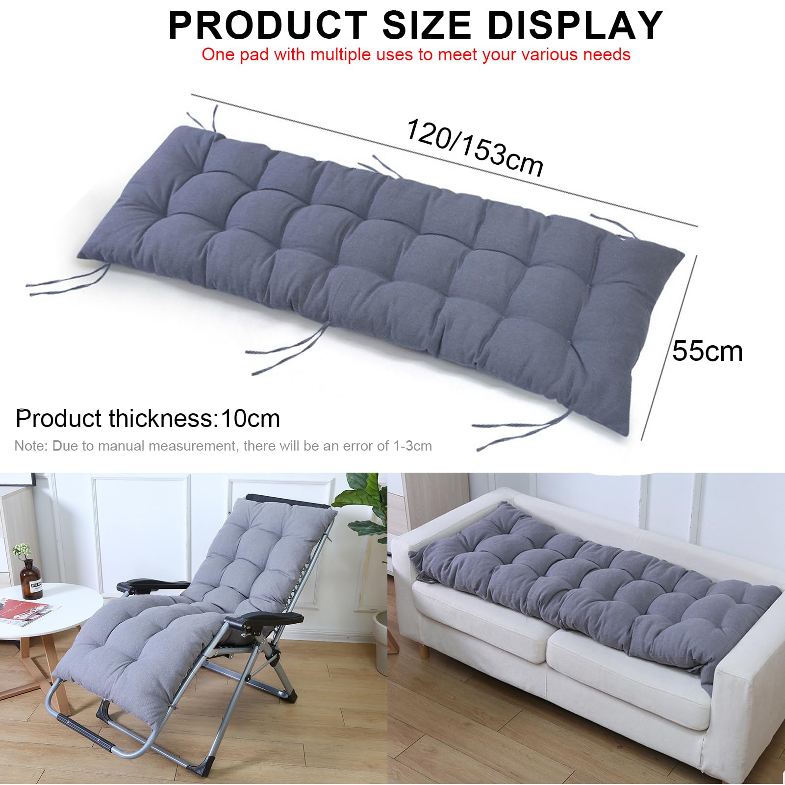 Cuscino Sdraio Da Esterno Cuscino Per Poltrona, Ricambio Cuscino Ideale Per Cuscino Dondolo Da Giardino, Trapuntato Sedie Pieghevoli Da Interno Cuscini (Solo Cuscino(Size:153x55cm,Color:Grigio chiaro)
