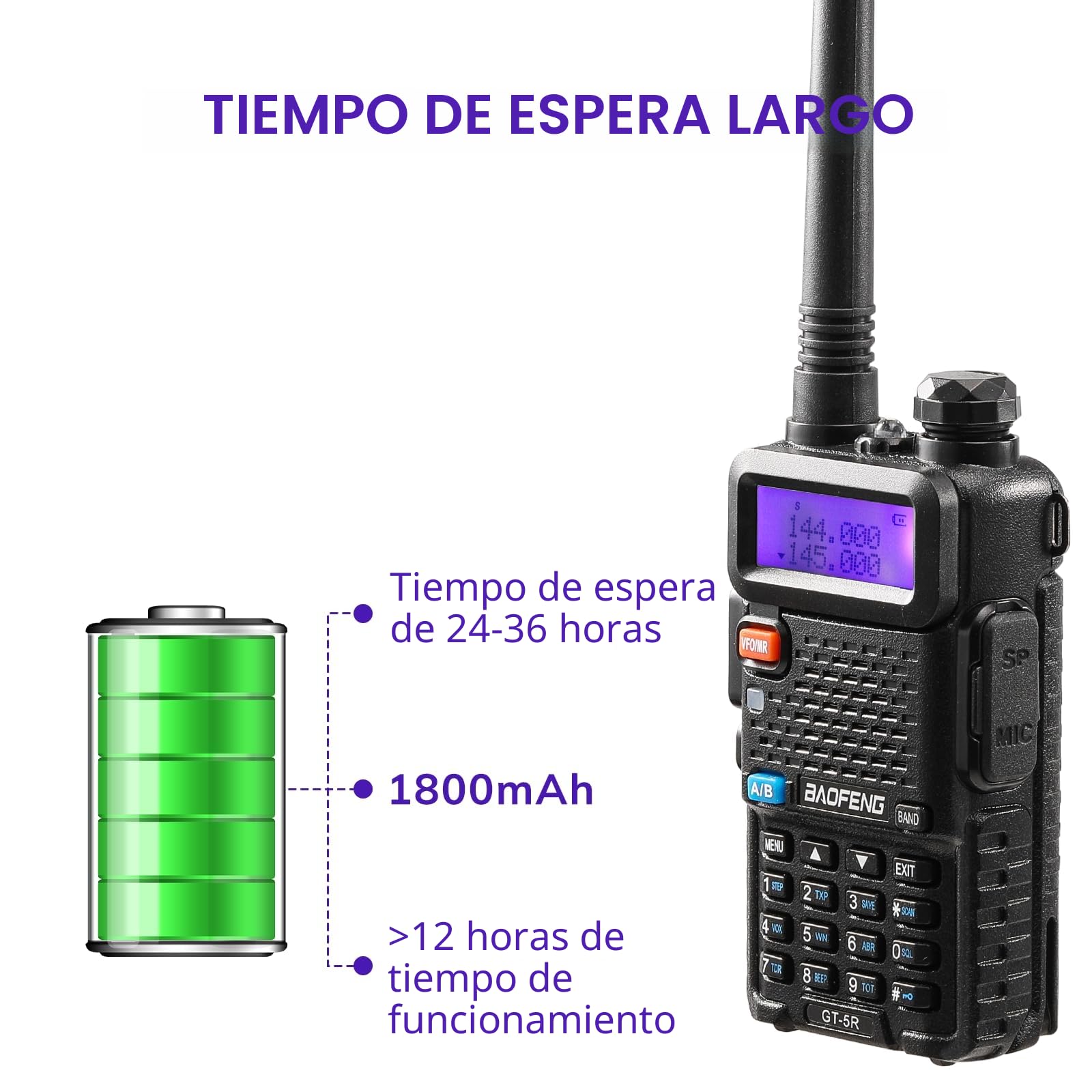 BAOFENG GT-5R Walkie Talkie, Radio Bidireccional UHF VHF con 144-146/430-440MHz, Walkie-Talkie de Largo Alcance con 128 Canales, Batería de 1800mAh, Auricular, Antena de 396mm, Cable de Programación