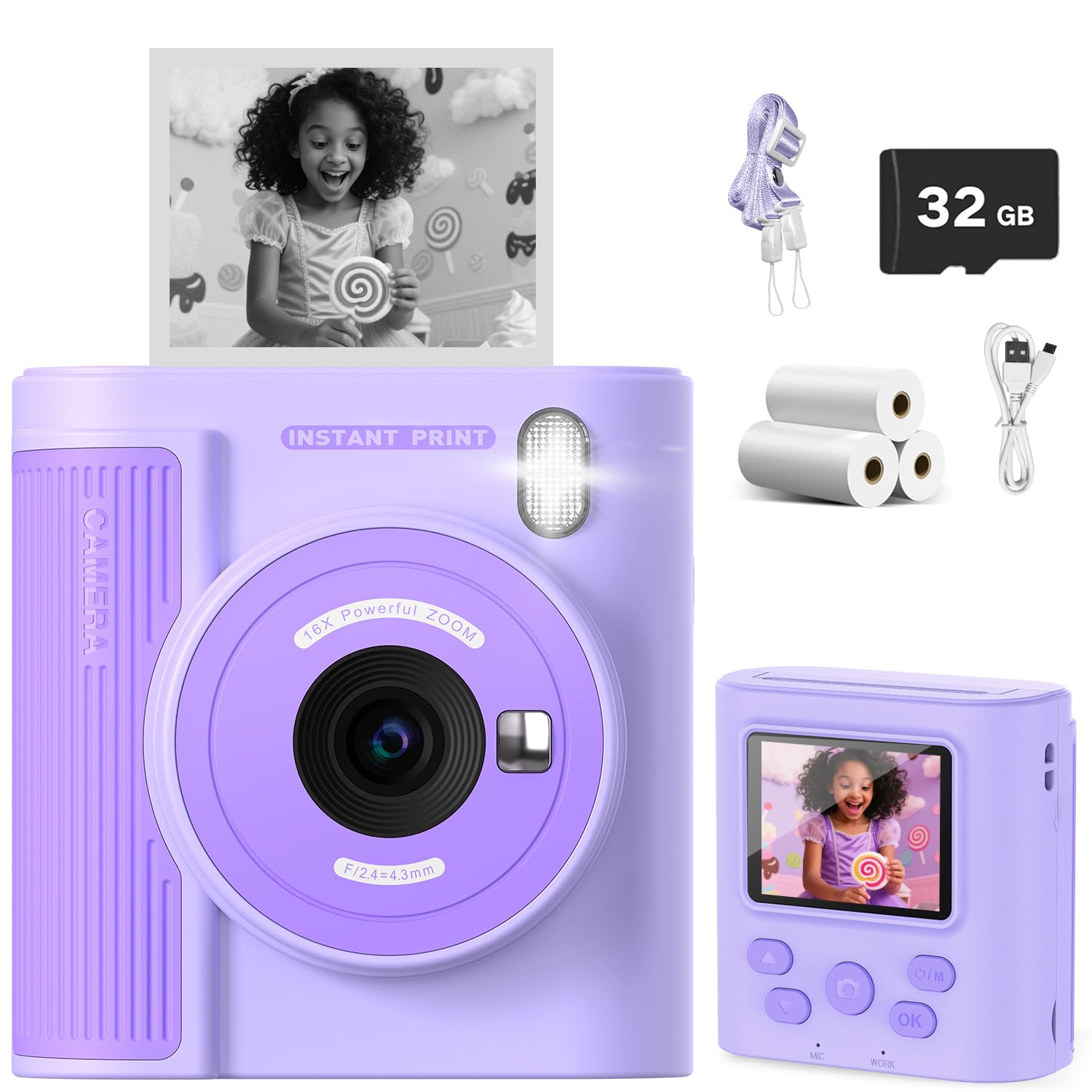 Upgrade Kids Camera Instant Print for Ages 3-12, Portable Instant Print Camera with HD Digital Video, Perfect Christmas Birthday Gift for Boys & Girls, Includes 32GB SD Card - Purple