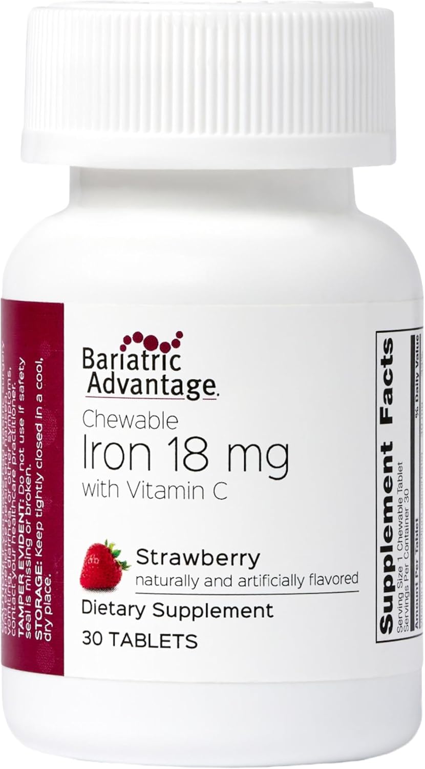 Bariatric Advantage Iron 18 mg with Vitamin C Chewable - Ferronyl Carbonyl Iron - Gentle on Stomach - Strawberry - 90 Count