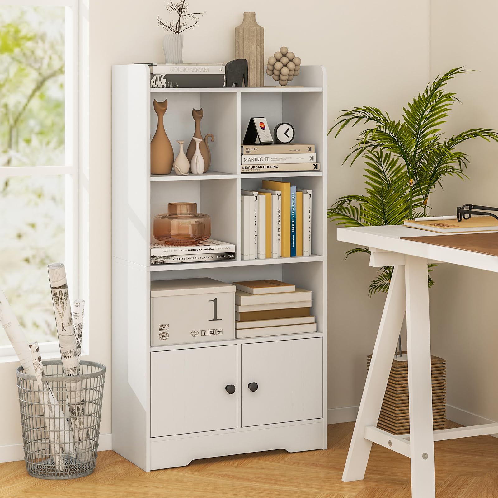 KOMFOTTEU Libreria Scaffale con 5 Scomparti e 2 Armadi, Libreria a Cubi da Terra con Dispositivo Anti-Ribaltamento, Mobile Soggiorno in Legno, da Ufficio, Cameretta, Studio, Bianco, 60 x 29,5 x 120 cm