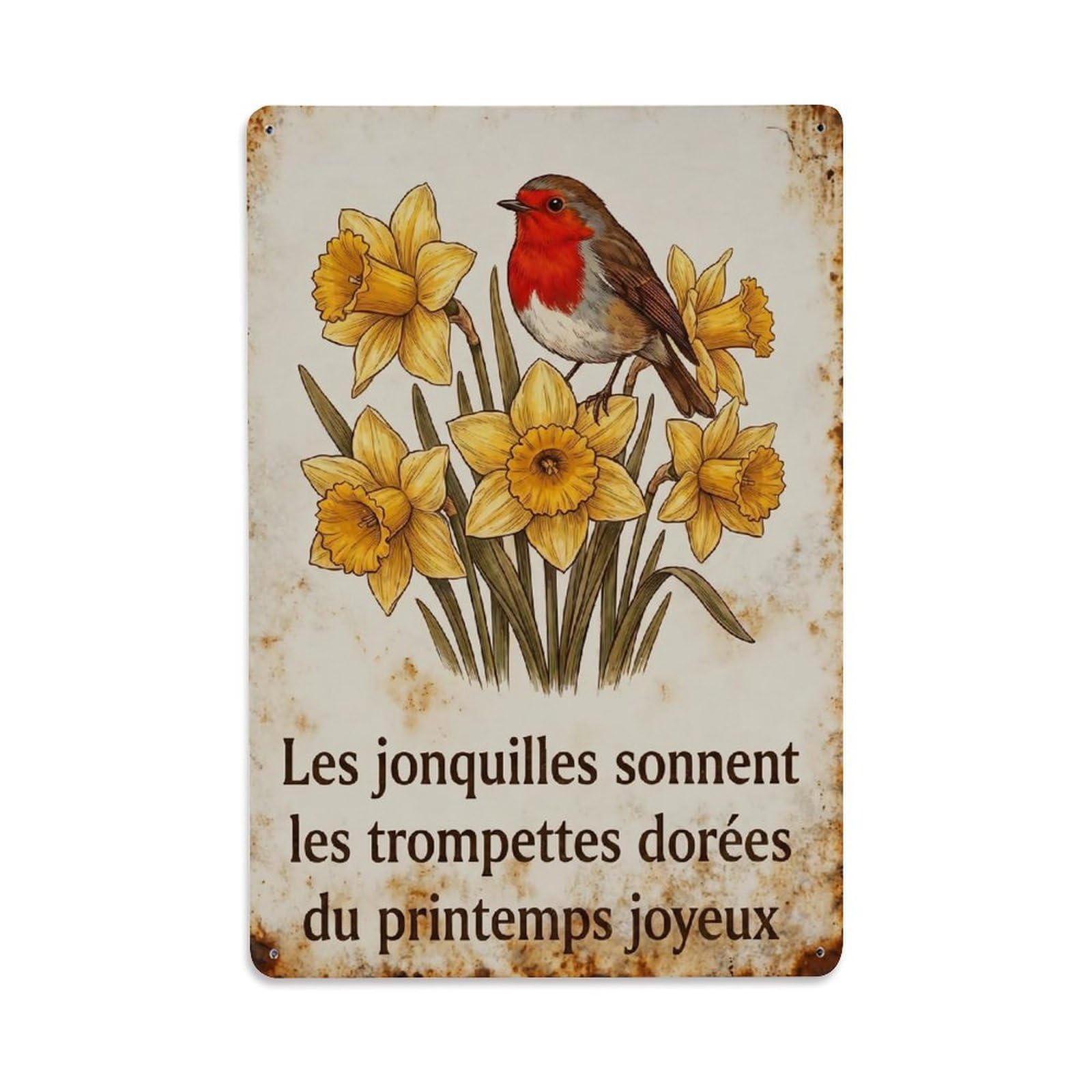 Robin Bird Garden Quote Daffodil Gold Metal Tin Sign