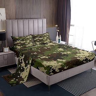 Army Green Camo Sheet Set King Size Abstract Geometric Camouflage Bed Sheet Kids Boys Camo Lover Bedding Set 4pcs Teens Men Room Decor All Season Fitted + Flat Sheet with 2 Pillowcases