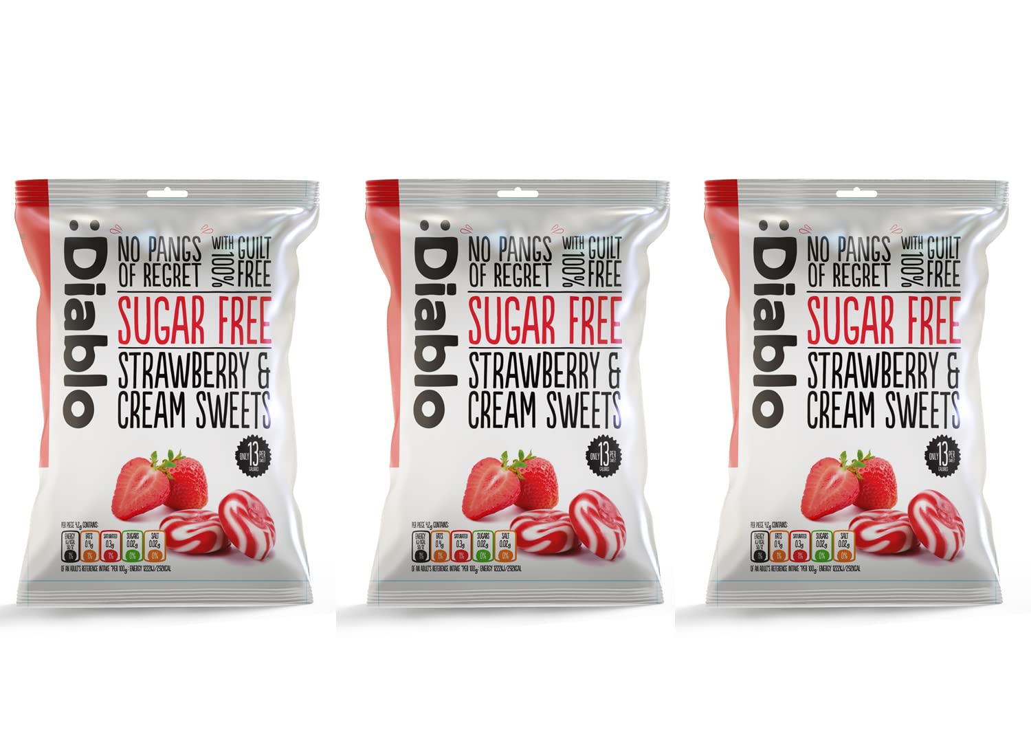 Diablo Sugar-Free Candy Strawberry & Cream, Healthy Sweets Sweetened with Maltitol, Sugar-Free Treats for All Occasions, Ideal for Gift Boxes, Mother’s Day & Father’s Day – 75g, Pack of 3