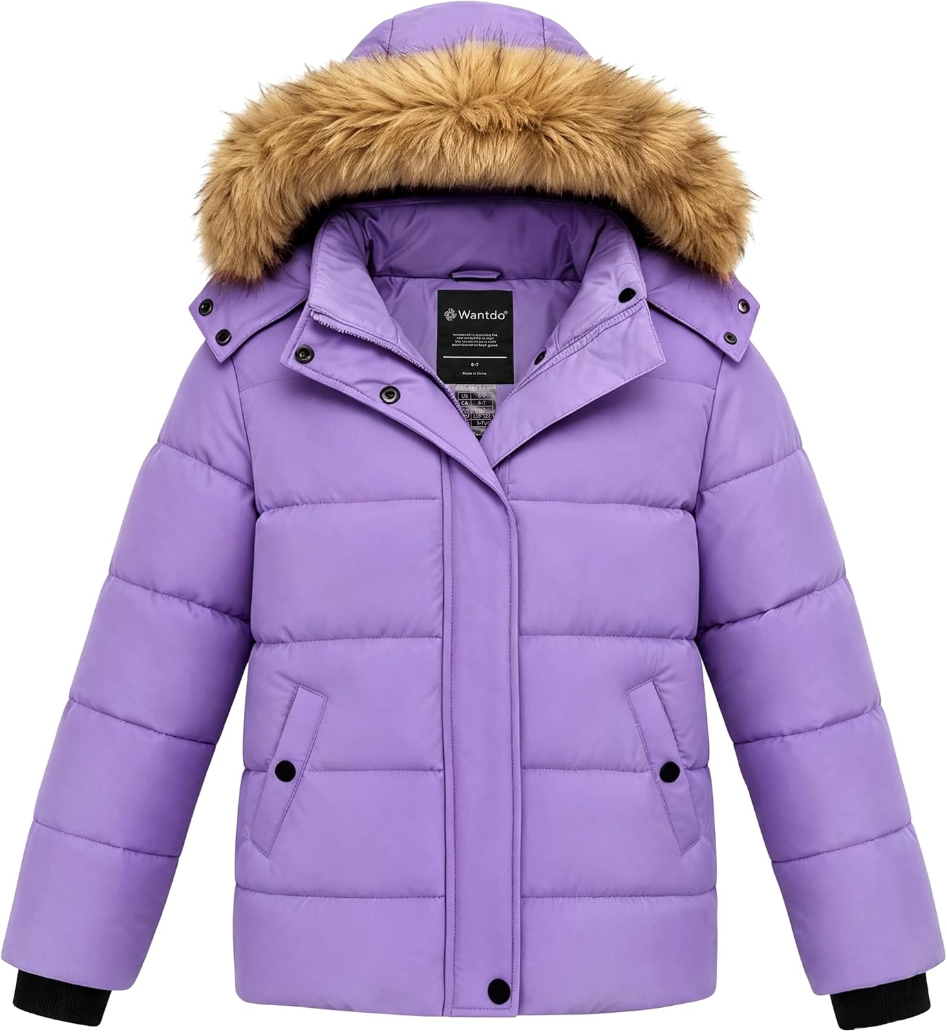 wantdo Girls' Puffy Winter Coats Thick Printed Quilted Jacket with Faux Fur Hood