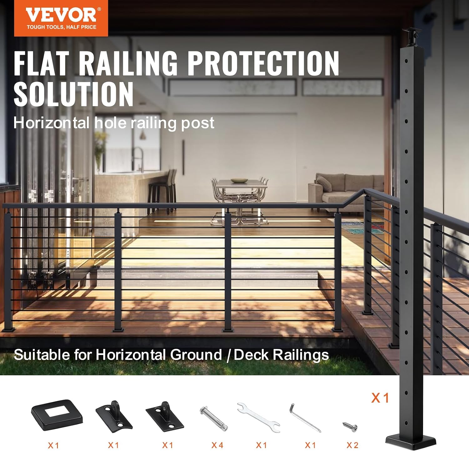 VEVOR Cable Railing Post Size 42 x 0.98 x 1.97 inches Stainless Steel Level Deck Stair Post, Cable Handrail Post, Pre-Drilled Pickets with Mounting Bracket, 1JZLGZLSHS100U9C4001V0