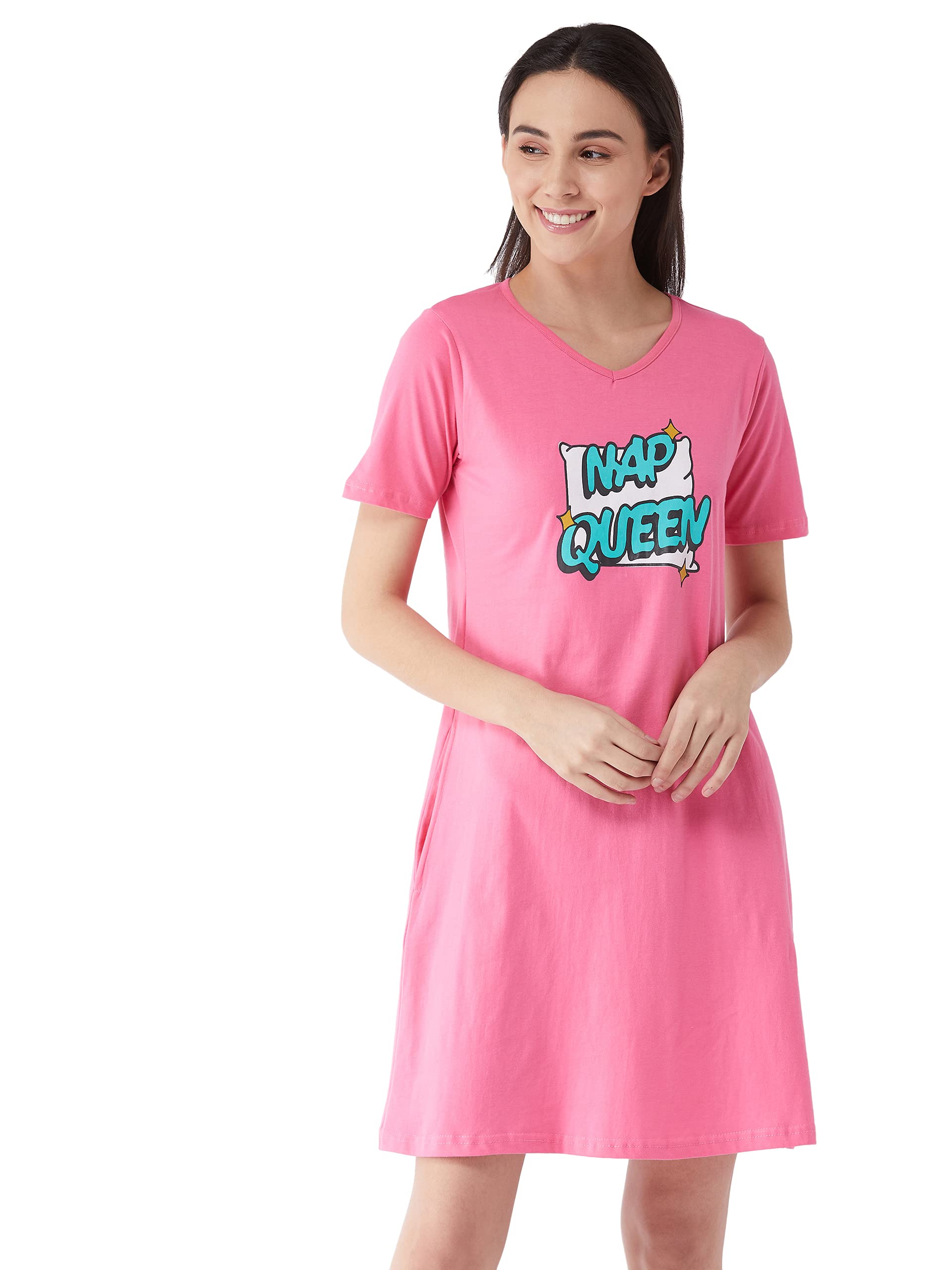 Women's Pink Knee Length Short Sleeves V-Neck Printed Night Dress