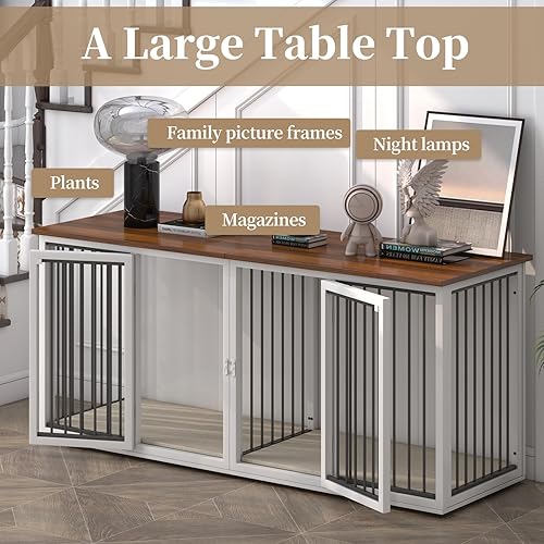Vista 19 de Mueble grande para 2 perros, jaula de perro con marco de acero de 71.6 pulgadas con puertas dobles, perrera resistente para perros pequeños