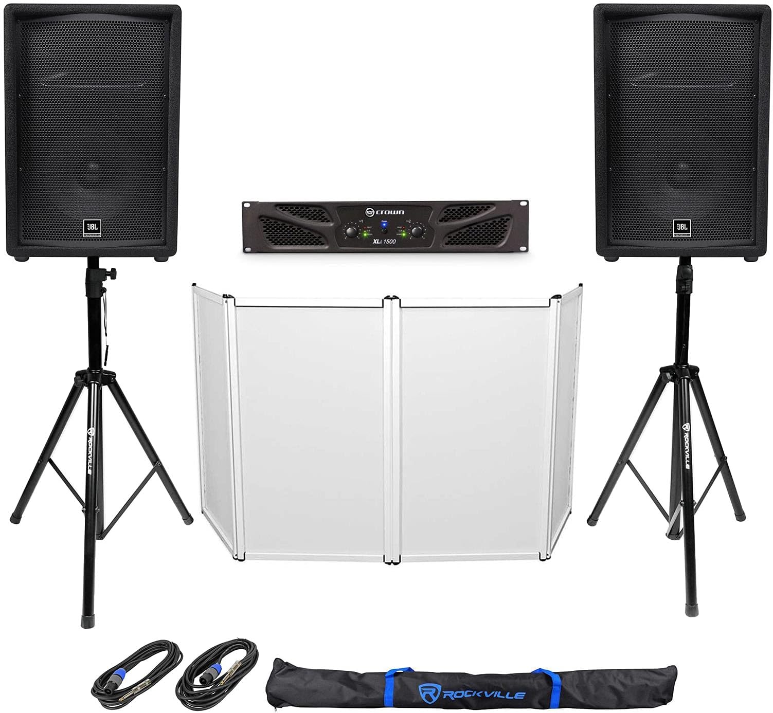 Audiosavings Bundle: (2) JBL JRX212 12" Inch DJ PA Speaker Bundle with (2) Rockville Tripod Speaker/Lighting Stands+(2) 20 Foot 1/4"-SpeakOn Cables,(1) XLi1500 PA Power Amplifier,(1) Facade (5 Items)