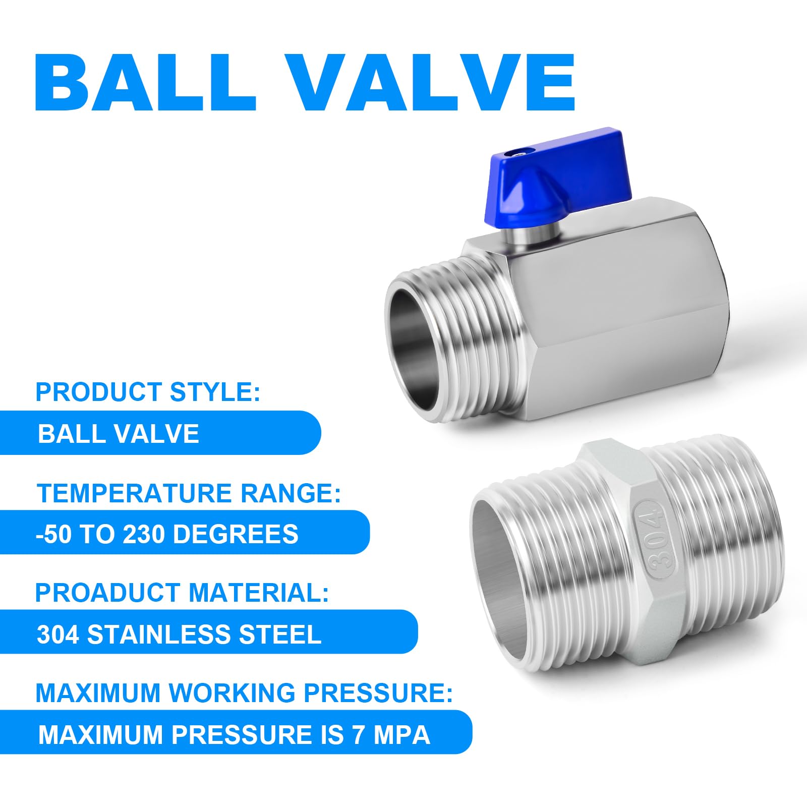 2 Stück 3/4" BSP Innengewinde x 3/4" BSP Außengewinde Hochleistungskugelhahn aus Edelstahl 304 mit 2 Stück 3/4" SUS 304 Hex-Nippel-Anschluss