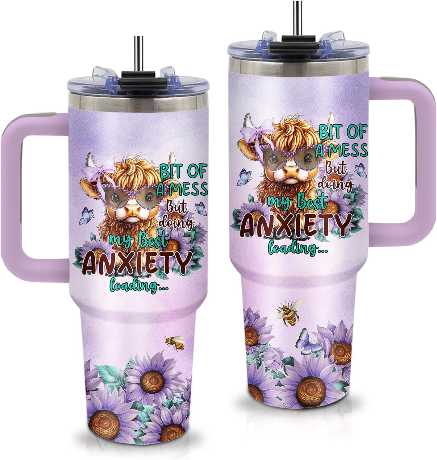 Highland Cow Gifts - Yak Tumbler 40oz with Handle and Straws, Leak-proof, Stainless Steel Insulated Coffee Mugs for Western Farm Lovers Cups, Purple Highland Cows Drinking Water Bottle